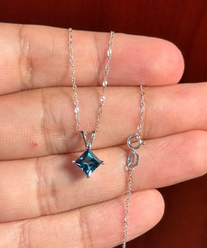 18K White Gold London Blue Topaz Solitaire Pendant 1.14-1.31 Ct, 6x6mm Princess AA Gemstone Necklace, White Gold Chain