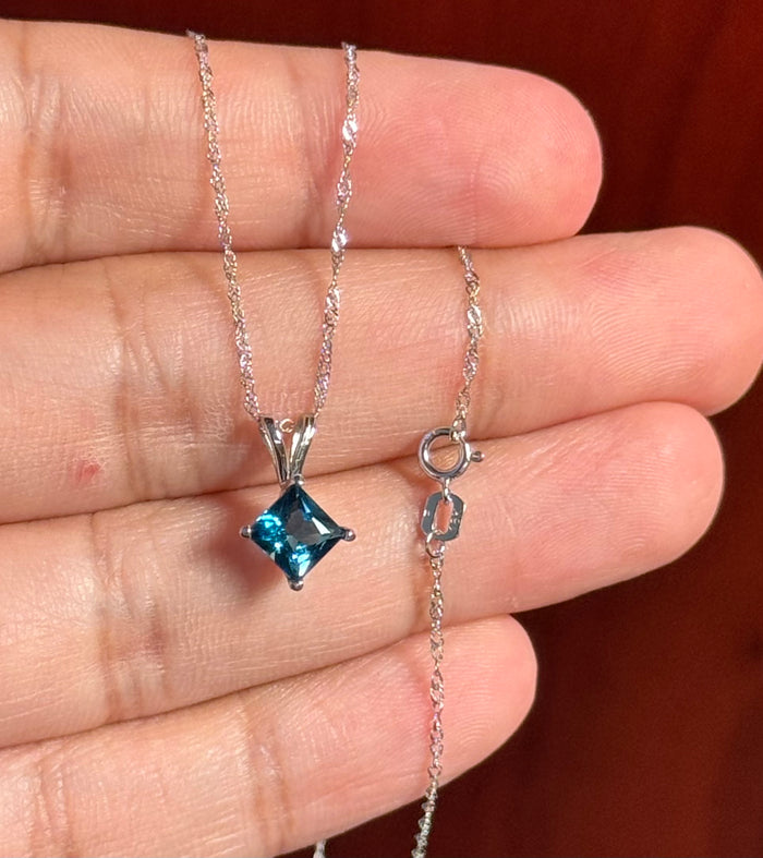 18K White Gold London Blue Topaz Solitaire Pendant 1.14-1.31 Ct, 6x6mm Princess AA Gemstone Necklace, White Gold Chain