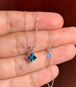 18K White Gold London Blue Topaz Solitaire Pendant 1.14-1.31 Ct, 6x6mm Princess AA Gemstone Necklace, White Gold Chain
