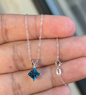 18K White Gold London Blue Topaz Solitaire Pendant 1.14-1.31 Ct, 6x6mm Princess AA Gemstone Necklace, White Gold Chain