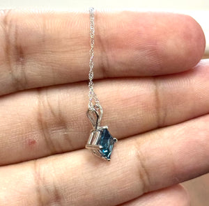 18K White Gold London Blue Topaz Solitaire Pendant 1.14-1.31 Ct, 6x6mm Princess AA Gemstone Necklace, White Gold Chain