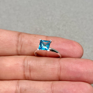 Swiss Blue Topaz Ring 7mm Princess Cut 14K White Gold, 2 Ct Solitaire Ring, Blue Gemstone Ring size 7.5