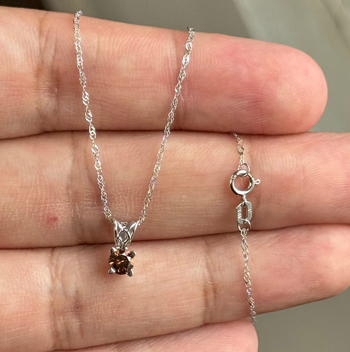 0.32Ct Natural Fancy Dark Orangey Brown Diamond Pendant – SI1 Round Solitaire in Platinum – 18K White Gold Chain – Jewelry Gift