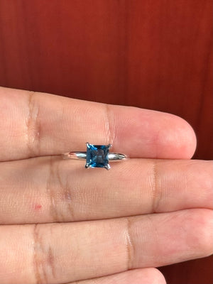 1.16 Ct Princess London Blue Topaz Solitaire Ring in 14K White Gold, AA Quality Gemstone Engagement Ring, Size 6.5, Resizable Ring