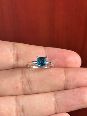 1.16 Ct Princess London Blue Topaz Solitaire Ring in 14K White Gold, AA Quality Gemstone Engagement Ring, Size 6.5, Resizable Ring