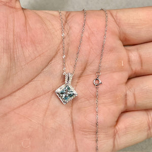 princess cut aquamarine diamond pendant in 14k white gold necklace