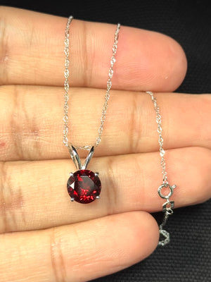 Natural garnet solitaire necklace with 18 inch 18K white gold Singapore chain elegant fine jewelry gift for women