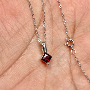 Garnet Princess Cut Pendant Necklace | 14K White Gold Solitaire — January Birthstone Gift for Her Dainty Jewelry