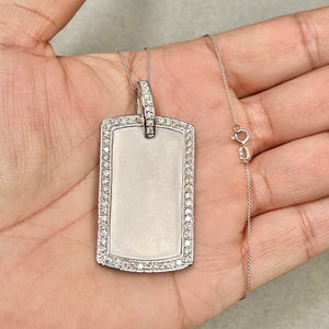 diamond dog tag pendant in 14k white gold with full pave diamonds
