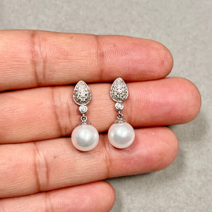 0.50 Ct Diamond & 10mm Akoya Pearl Dangle Earrings 14K White Gold | Cultured Pearl Earrings | Diamond Pearl - Bridal Jewelry Gift