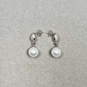 0.50 Ct Diamond & 10mm Akoya Pearl Dangle Earrings 14K White Gold | Cultured Pearl Earrings | Diamond Pearl - Bridal Jewelry Gift