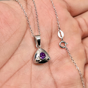 Amethyst Solitaire Pendant Silver | 4mm Round Amethyst Necklace | Trillion Shape Frame Pendant | Purple Gemstone Jewelry Gift
