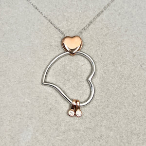 Diamond Heart Pendant Two Tone Gold | Heart in Heart Necklace 14K White & Rose Gold | 0.08–0.14 Ct Diamond Pendant Gift