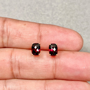 Garnet Stud Earrings 14K Yellow Gold | 7x5mm Cushion Cut Garnet Earrings | 2.40–2.81 Ct Red Gemstone Studs | January Birthstone