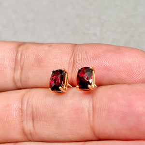 Garnet Stud Earrings 14K Yellow Gold | 7x5mm Cushion Cut Garnet Earrings | 2.40–2.81 Ct Red Gemstone Studs | January Birthstone