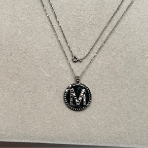 Black Diamond Initial M Pendant: 14K White Gold Necklace