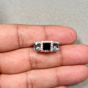 Black Diamond Aquamarine Ring 14K White Gold | 1.83 Ct Diamond Ring | Princess Cut Black Diamond | Blue Gemstone Statement Ring Size 5
