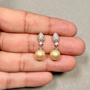 Golden South Sea pearl dangle earrings in 14K white gold with diamonds