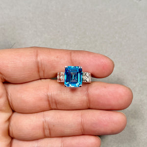 Swiss Blue Topaz Ring | 14K White Gold Emerald Cut — Statement Cocktail Jewelry Gift for Her Ring Size 7