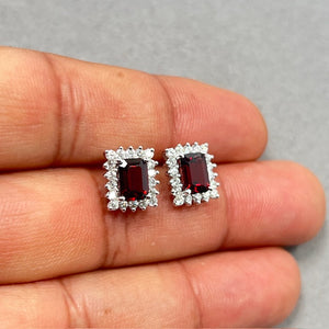 Emerald Cut Garnet & Diamond 14K White Gold Cluster Stud Earrings