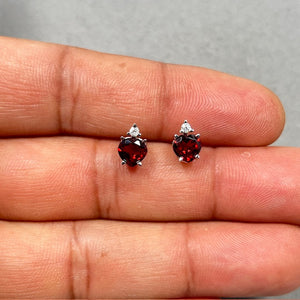 Heart Garnet Stud Earrings: 0.06 Ct Diamond, 14K White Gold