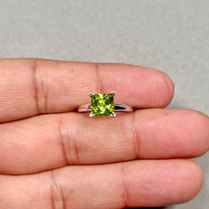 Princess Cut Peridot Ring | 14K White Gold Solitaire — August Birthstone Gift for Her