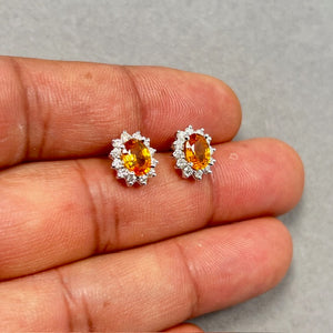Yellow Sapphire Diamond Earrings - 14K White Gold Cluster Studs