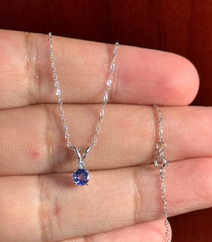 14K White Gold Tanzanite & Diamond Pendant, AA Round 0.40 Ct + 0.03 Ct Diamond, 18" Singapore Chain