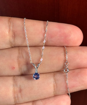 14K White Gold Tanzanite & Diamond Pendant, AA Round 0.40 Ct + 0.03 Ct Diamond, 18" Singapore Chain