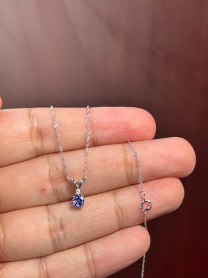 14K White Gold Tanzanite & Diamond Pendant, AA Round 0.40 Ct + 0.03 Ct Diamond, 18" Singapore Chain