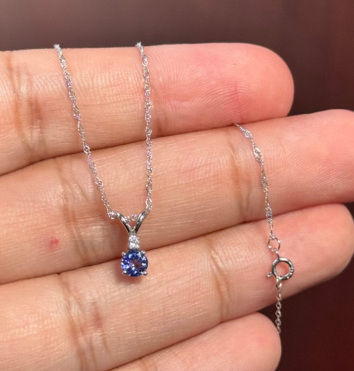 14K White Gold Tanzanite & Diamond Pendant, AA Round 0.40 Ct + 0.03 Ct Diamond, 18" Singapore Chain