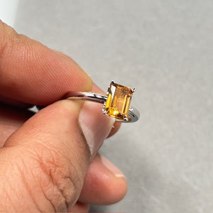 Emerald Cut Citrine Ring: 14K White Gold Scroll Solitaire, Size 7