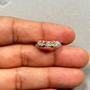 14K two tone gold diamond fashion ring featuring five round white diamonds totaling 0.40–0.46 carats, set in a combination of prong and bezel settings. The ring showcases I–J colour, SI2–I1 clarity diamonds with a rhodium finish, a gold weight of 4.99 grams, and a tapered band width of 2.0–4.2 mm in Size 7.