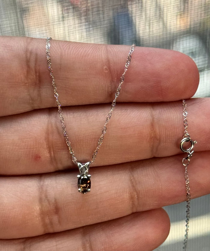 Natural Fancy Dark Orangey‑Brown Diamond Pendant 0.33 Ct SI1 Oval 4.9x3.6 mm, Platinum Scroll Solitaire, 18" 18K White Gold Singapore Chain