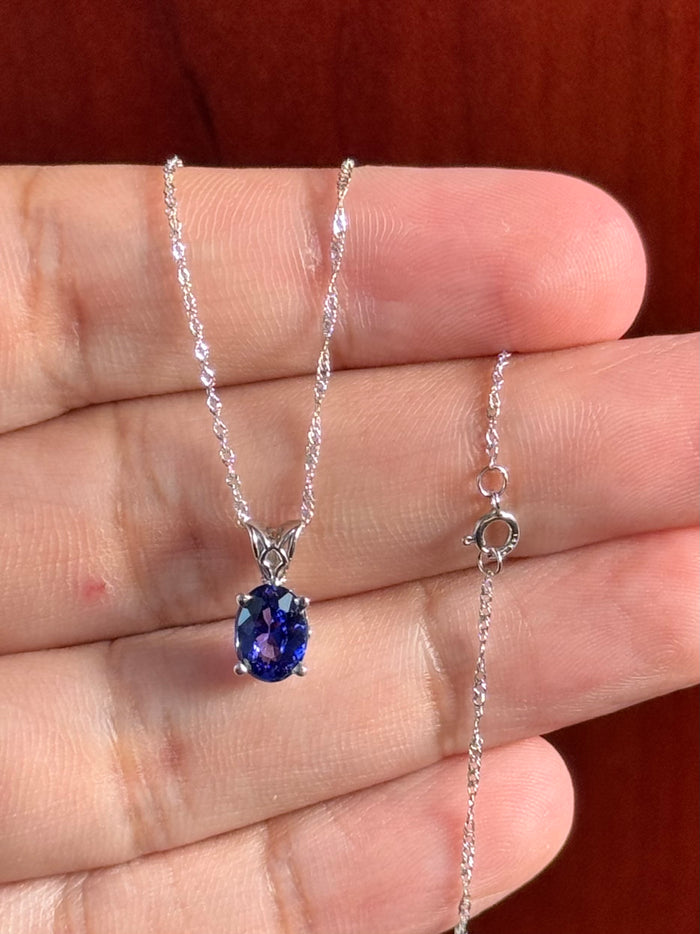 Oval Tanzanite Pendant in 14K White Gold – 1.00–1.52 Ct AAAA Heirloom Solitaire Scroll Necklace, December Birthstone Jewelry