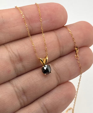 Elegant Round Rose Cut Black Diamond pendant in warm yellow gold