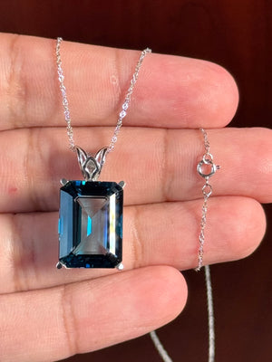 London Blue Topaz Emerald Cut Pendant in 14K White Gold – 15.97-20.34 Ct AAA Solitaire Necklace, December Birthstone Jewelry