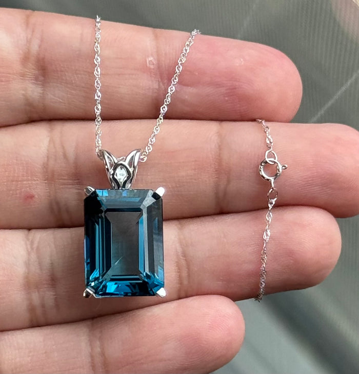 London Blue Topaz Emerald Cut Pendant in 14K White Gold – 15.97-20.34 Ct AAA Solitaire Necklace, December Birthstone Jewelry