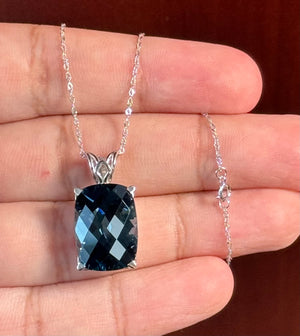 London Blue Topaz Pendant AAA Cushion Checkerboard 18x13 mm, 18.11 Ct, 14K White Gold Scroll Solitaire, 18" Singapore Chain