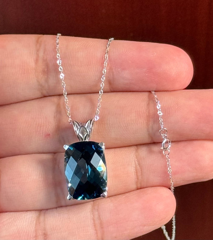 London Blue Topaz Pendant AAA Cushion Checkerboard 18x13 mm, 18.11 Ct, 14K White Gold Scroll Solitaire, 18" Singapore Chain