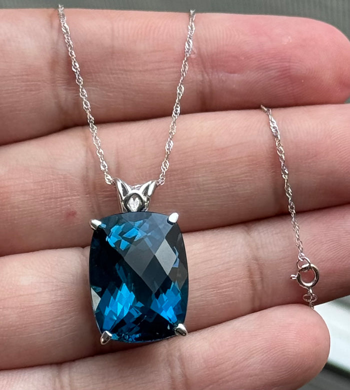 14K White Gold London Blue Topaz Pendant, AAA Cushion Checkerboard 20x15 mm, 23.27 Ct, Scroll Solitaire, 18" Chain