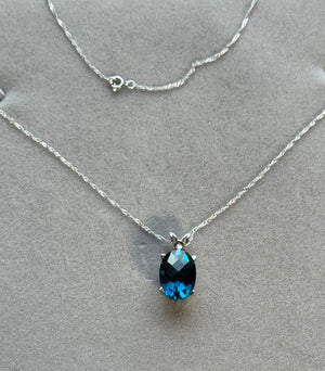 14K White Gold London Blue Topaz Pendant, AAA Oval Checkerboard 14x10 mm, 8.63 Ct, Scroll Solitaire, 18" Chain