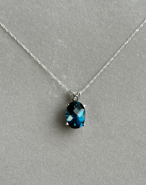 14K White Gold London Blue Topaz Pendant, AAA Oval Checkerboard 14x10 mm, 8.63 Ct, Scroll Solitaire, 18" Chain
