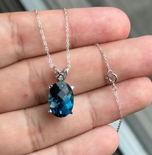 14K White Gold London Blue Topaz Pendant, AAA Oval Checkerboard 14x10 mm, 8.63 Ct, Scroll Solitaire, 18" Chain