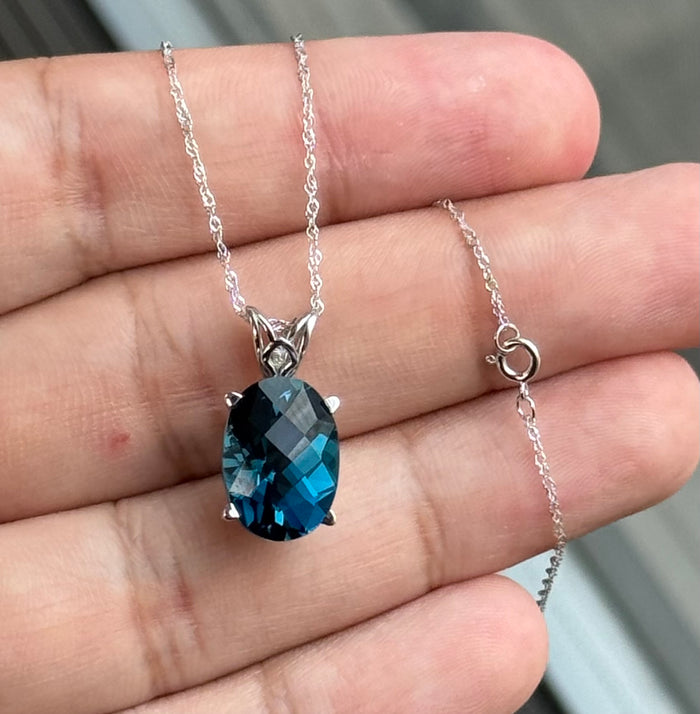 14K White Gold London Blue Topaz Pendant, AAA Oval Checkerboard 14x10 mm, 8.63 Ct, Scroll Solitaire, 18" Chain