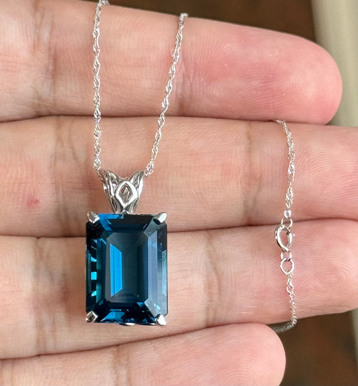 London Blue Topaz Pendant AAA 17x13 mm Emerald Cut, 13.76 Ct, 14K White Gold Scroll Solitaire, 18" Singapore Chain