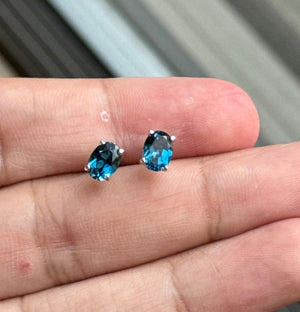 London Blue Topaz Stud Earrings in Platinum, AAA Oval 7x5 mm, 1.84–2.53 Ct TW, Scroll Four-Prong Setting