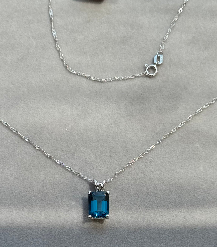 Emerald Cut London Blue Topaz Pendant AAA 9x7 mm (3.11 Ct), Platinum Scroll Solitaire, 18" White Gold Chain