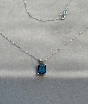 Emerald Cut London Blue Topaz Pendant AAA 9x7 mm (3.11 Ct), Platinum Scroll Solitaire, 18" White Gold Chain