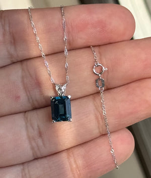 Emerald Cut London Blue Topaz Pendant AAA 9x7 mm (3.11 Ct), Platinum Scroll Solitaire, 18" White Gold Chain